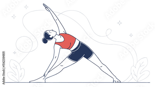 Illustration of a woman in triangle yoga pose with red top and dark shorts on a white background art