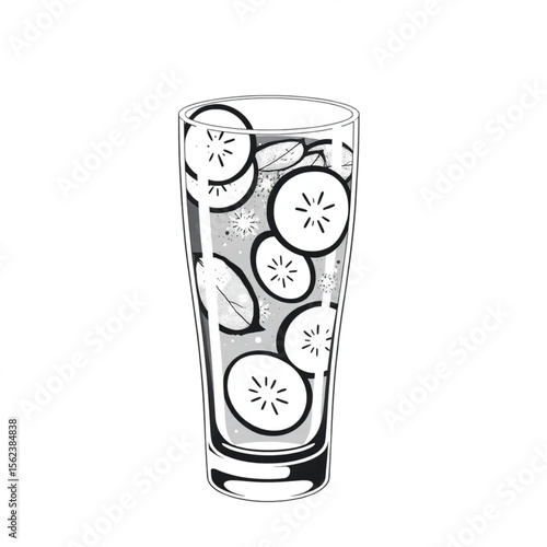 A glass of sparkling water with cucumber
