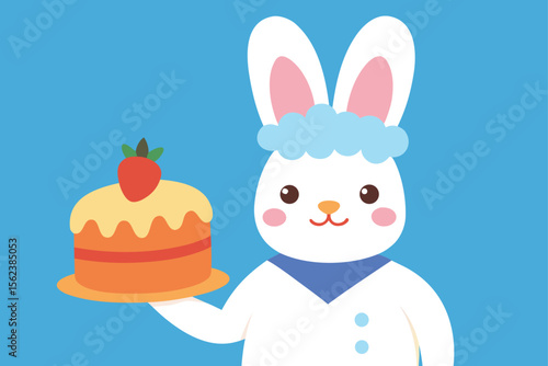 Make an Easter poster with a bunny chef presenting a decorated Easter cake