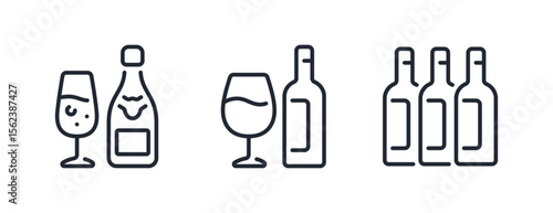 Wine glass and bottles editable stroke outline icons set isolated on white background flat vector illustration. Pixel perfect. 64 x 64.