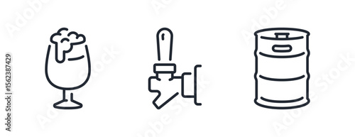Beer tap, glass and metal barrel editable stroke outline icons set isolated on white background flat vector illustration. Pixel perfect. 64 x 64.