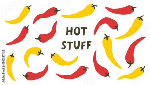 Chili hot peppers red and yellow vector illustration set.  Hot  cayenne jalapeno vegetable ingredient.