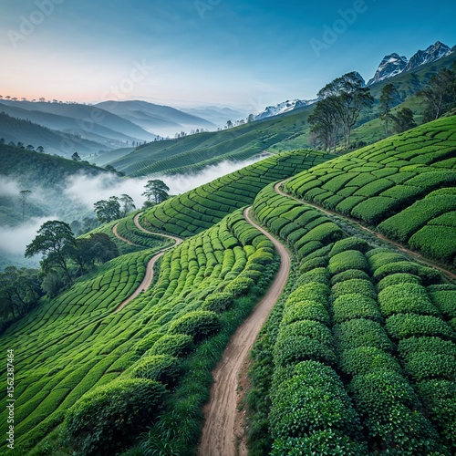 Lush tea gardens of Munnar under misty skies, viewed from above, with narrow paths winding through emerald hills.