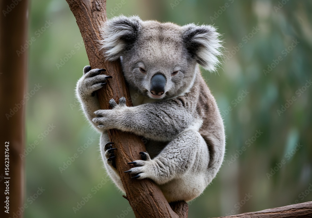 Fototapeta premium Cute gray koala bear hugging a tree branch in natural habitat