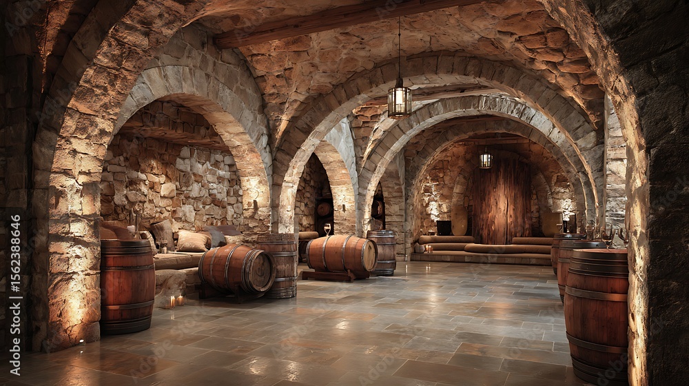 Fototapeta premium A spacious rustic wine cellar with stone arches, wooden barrels, and warm golden lighting inside