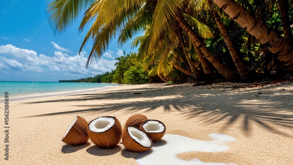 Obraz premium Cracked coconuts on the beach