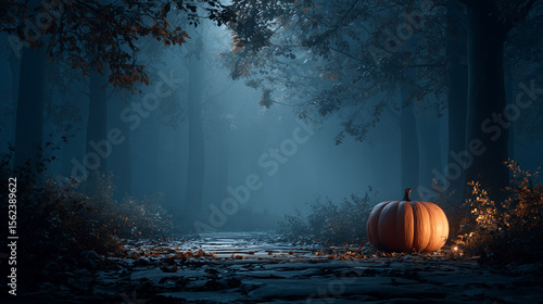 Close up a pumpkin on the street , black forest background , halloween mood.