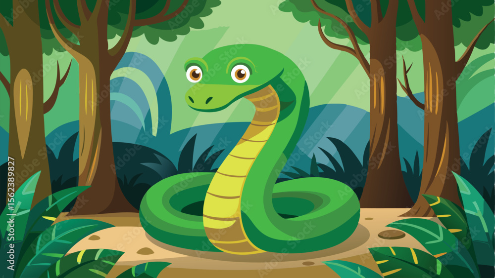 Fototapeta premium Cartoon Green Snake Coiled in Jungle Scene with Trees and Foliage Illustration