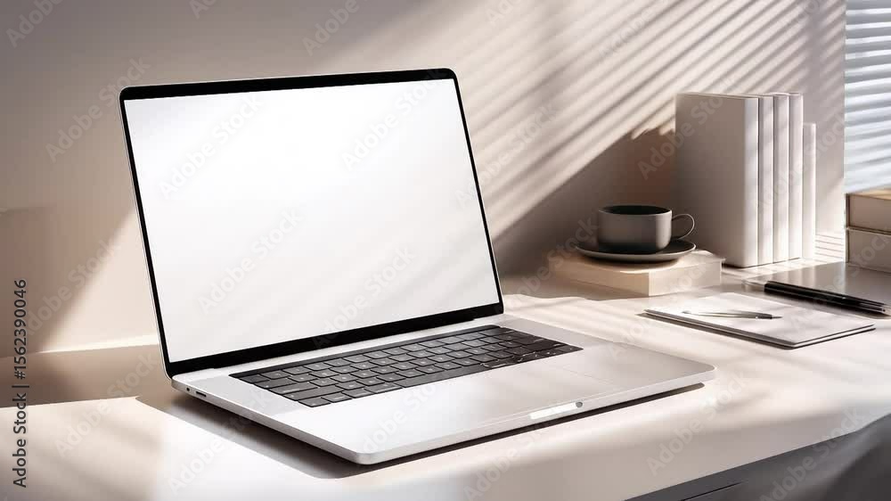 An open laptop with a blank white screen sits on a white desk, beside books, a notepad, a pen, and a coffee cup, under striped window light. An open laptop with a blank white screen sits on a white desk, beside books, a notepad, a pen, and a coffee cup, under striped window light.