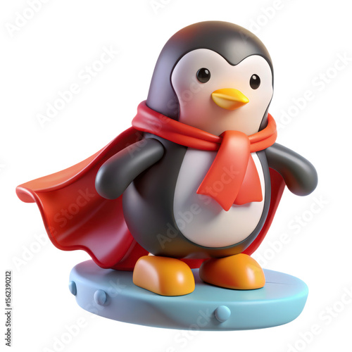 Cute cartoon penguin character with red scarf and cape high quality 3d rendering icon land transportation isolated on white background