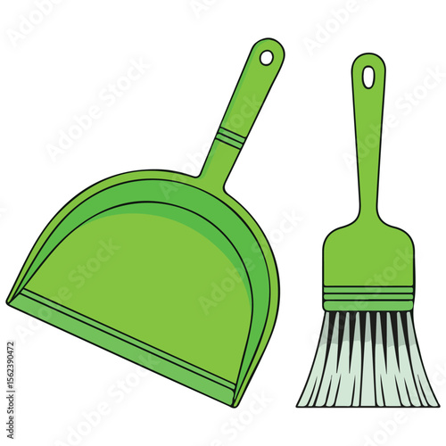Cleaning broom and dustpan household tools vector illustration