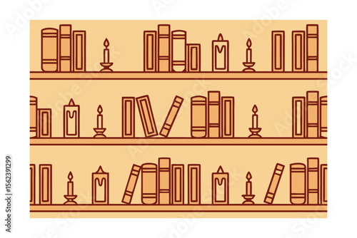Seamless pattern bookshelves with books candles halloween themed elements in orange brown