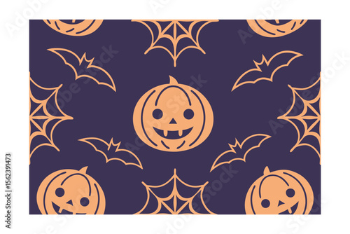 Orange pumpkins bats spiderwebs repeating pattern on a dark blue halloween vector