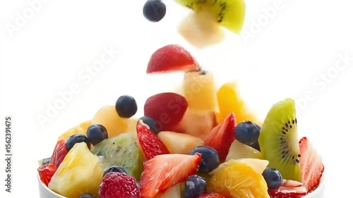 Cubed fruits like pineapple, kiwi, and strawberries, along with blueberries, are falling into a white bowl.