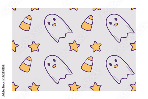 Halloween pattern with cartoon ghosts candy corn yellow stars on a light purple vector