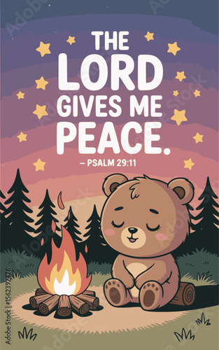 Psalm 29:11 - The Lord Gives Me Peace Chibi Bear by Campfire with Pastel Dusk Sky and Stars - Cute Hand Lettered Christian Quote Vector - Bible Inspired Art