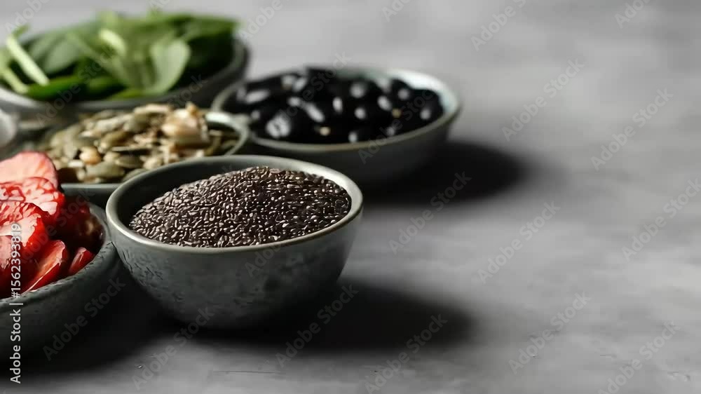 Small bowls contain various healthy foods, including spinach, black beans, strawberries, chia seeds, and pumpkin seeds. Small bowls contain various healthy foods, including spinach, black beans, strawberries, chia seeds, and pumpkin seeds.