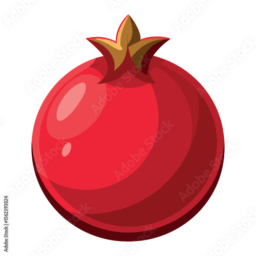 A vibrant cartoon illustration of a ripe red pomegranate with a golden crown on a white background
