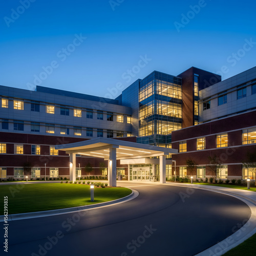 A modern hospital building illuminated at dusk, featuring a welcoming entrance, large windows, and manicured landscaping