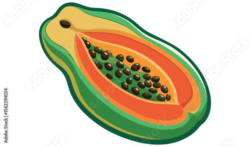 Ripe papaya fruit cut in half showing orange flesh and black seeds