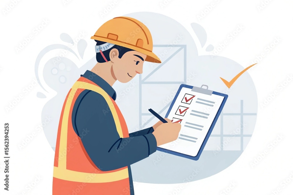 Worker in safety vest checks off a list on a clipboard for quality assurance and regulatory compliance. Worker in safety vest checks off a list on a clipboard for quality assurance and regulatory compliance.