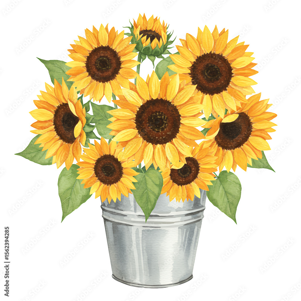 Obraz premium Watercolor Sunflowers in a Metal Bucket