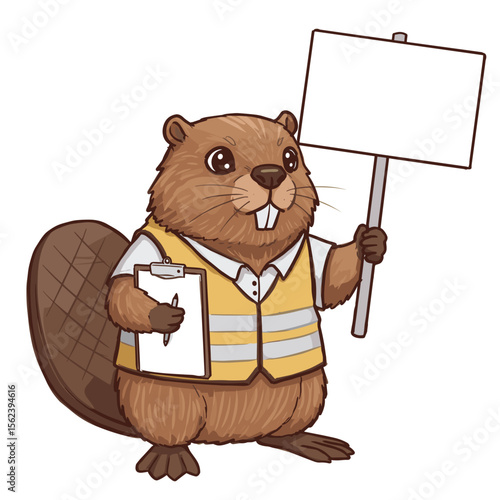 Cartoon beaver wearing safety vest and holding a blank sign  