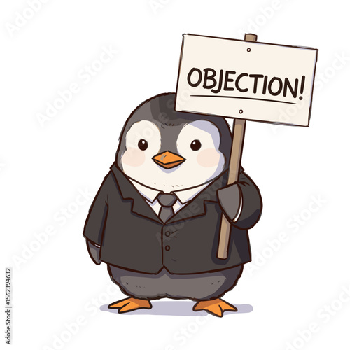 Cartoon penguin in a suit holding a sign that says "OBJECTION!"  