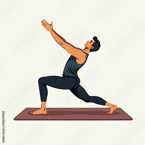 Male yogi practicing lunge pose on yoga mat indoors  