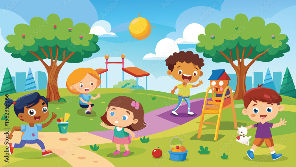 Cartoon Kids Playing in a Park with Playground Equipment Under a Sunny Sky Cartoon Kids Playing in a Park with Playground Equipment Under a Sunny Sky