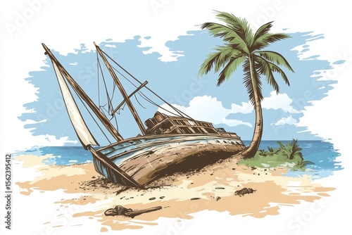 Old sailboat shipwreck on a tropical island with palm trees and sandy beach, Shipwreck on tropical island Old sailboat vector cartoon illustration