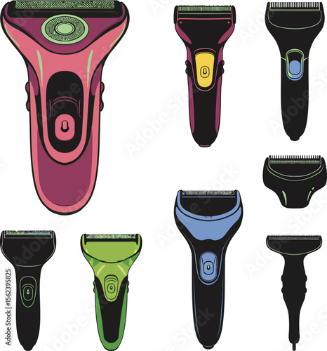 A colorful collection of modern electric shavers and epilators vector illustrations, perfect for designs related to personal grooming, beauty, and hair removal products.