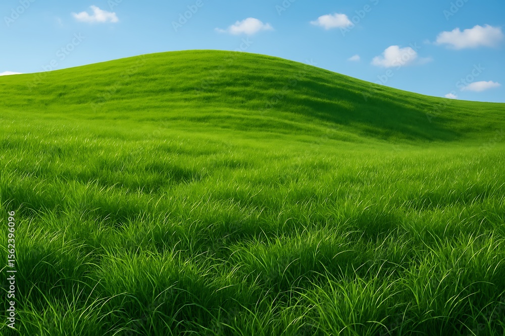 Naklejka premium Vibrant green hillside with lush grass under a bright blue sky and scattered clouds creating a peaceful and serene landscape ideal for nature outdoor and countryside themes background image