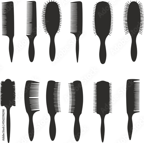 Variety of hair combs & brushes vector illustrations. Essential beauty salon & personal care tools for styling & grooming, perfect for hair care product designs & barbershop promotions.