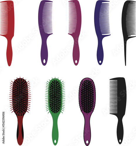 Variety of hair combs & brushes vector illustrations. Essential beauty salon & personal care tools for styling & grooming, perfect for hair care product designs & barbershop promotions.