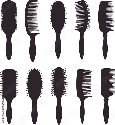 Variety of hair combs & brushes vector illustrations. Essential beauty salon & personal care tools for styling & grooming, perfect for hair care product designs & barbershop promotions.