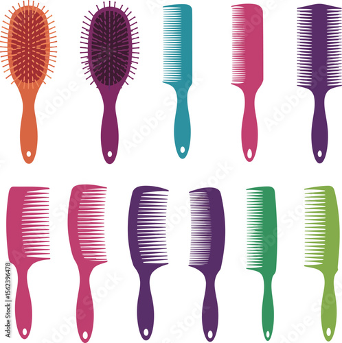 Variety of hair combs & brushes vector illustrations. Essential beauty salon & personal care tools for styling & grooming, perfect for hair care product designs & barbershop promotions.