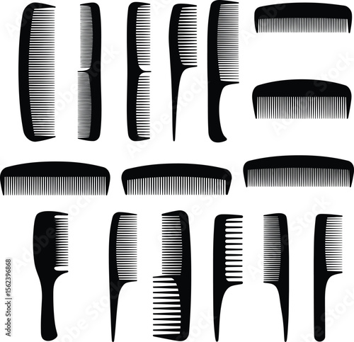 Elegant hair combs and brushes vector silhouettes, perfect for beauty, salon, and personal care designs. A diverse collection of styling tools for barbershops and hairdressers.
