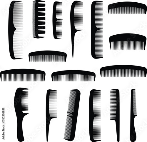 Elegant hair combs and brushes vector silhouettes, perfect for beauty, salon, and personal care designs. A diverse collection of styling tools for barbershops and hairdressers.