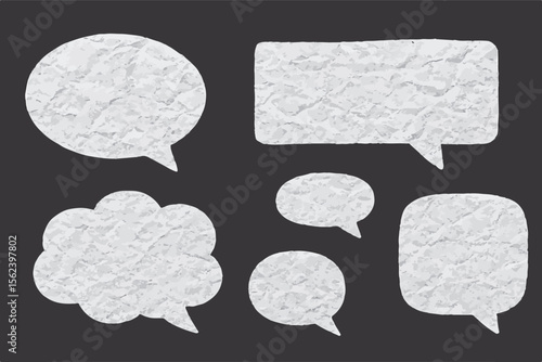 Halftone collage speech bubble messages. Dotted modern retro urban magazine style pop art dialogue balloons with crumpled paper texture. Business communication concept vector illustration