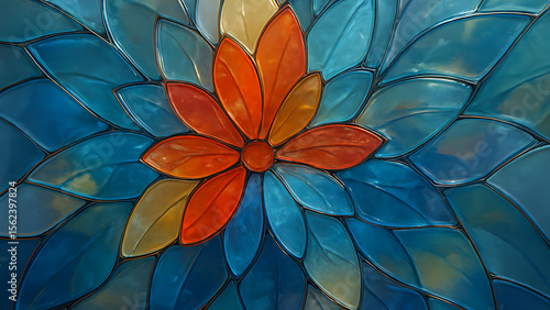 Wallpaper Mural An abstract stained glass flower features vibrant orange and blue petals with clear outlines, creating a beautiful and intricate mosaic pattern, ideal for decorative backgrounds Torontodigital.ca