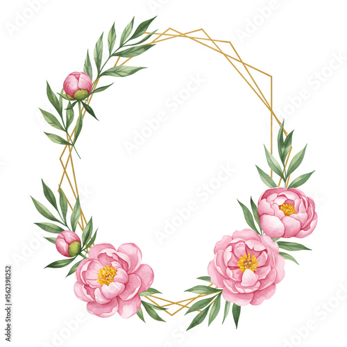 Oval gold geometric frame adorned with watercolor pink peonies and green leaves on a transparent background. Ideal for wedding invitations, greeting cards, or elegant designs.