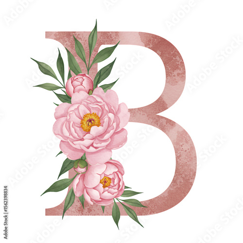 Rose Gold Watercolor Letter B with Pink Peonies and Green Leaves