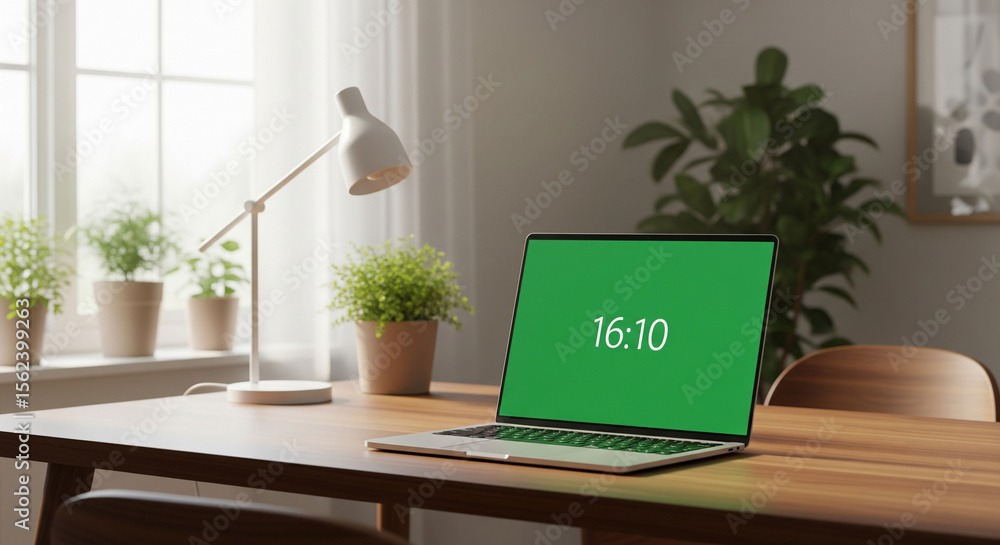 Fototapeta premium Elegant workspace features a laptop displaying sixteen ten, positioned on a wooden desk near indoor plants and natural light.