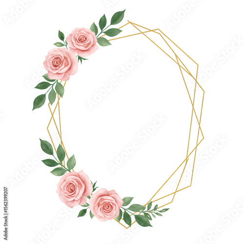 Elegant floral frame with pink roses and gold geometric elements on transparent background. Ideal for wedding invitations, cards, and other designs.