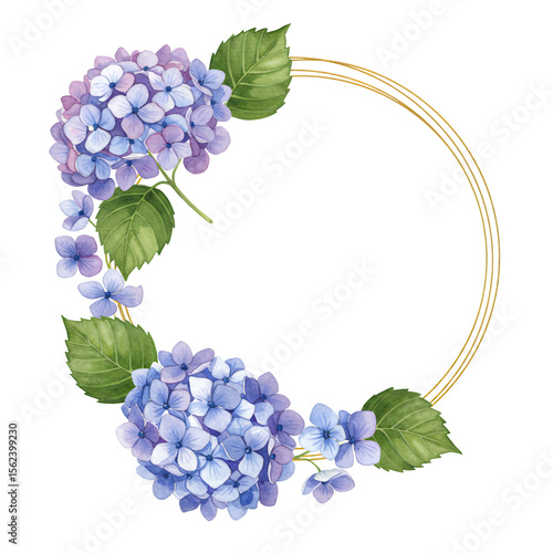 Purple and Blue Hydrangea Watercolor Wreath with Gold Frame