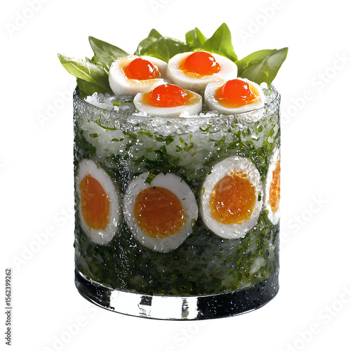 Refreshing Green Cocktail with Quail Eggs and Basil Garnish