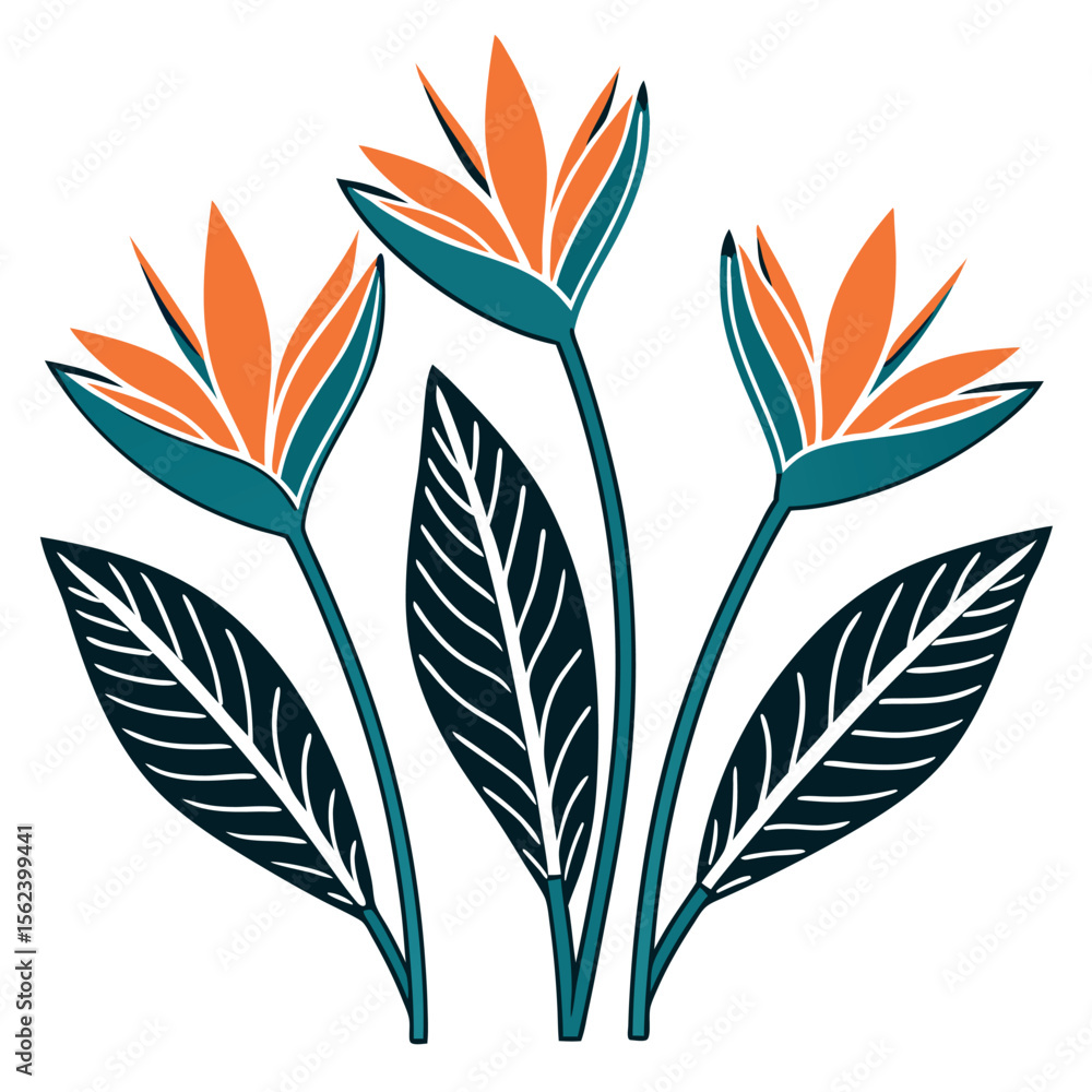 Obraz premium Bird Of Paradise Flowers With Dark Leaves strelitzia