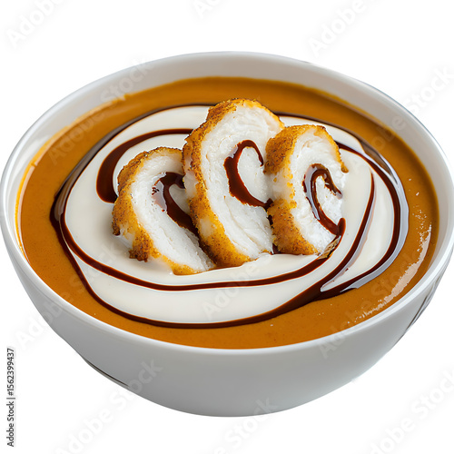 Creamy Pumpkin Soup with Crispy Fried Chicken and Sauces