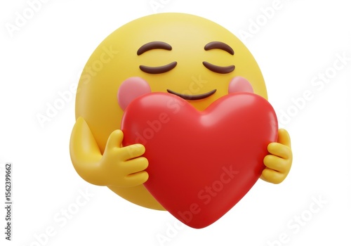 A yellow emoji character hugs a red heart isolated on white background